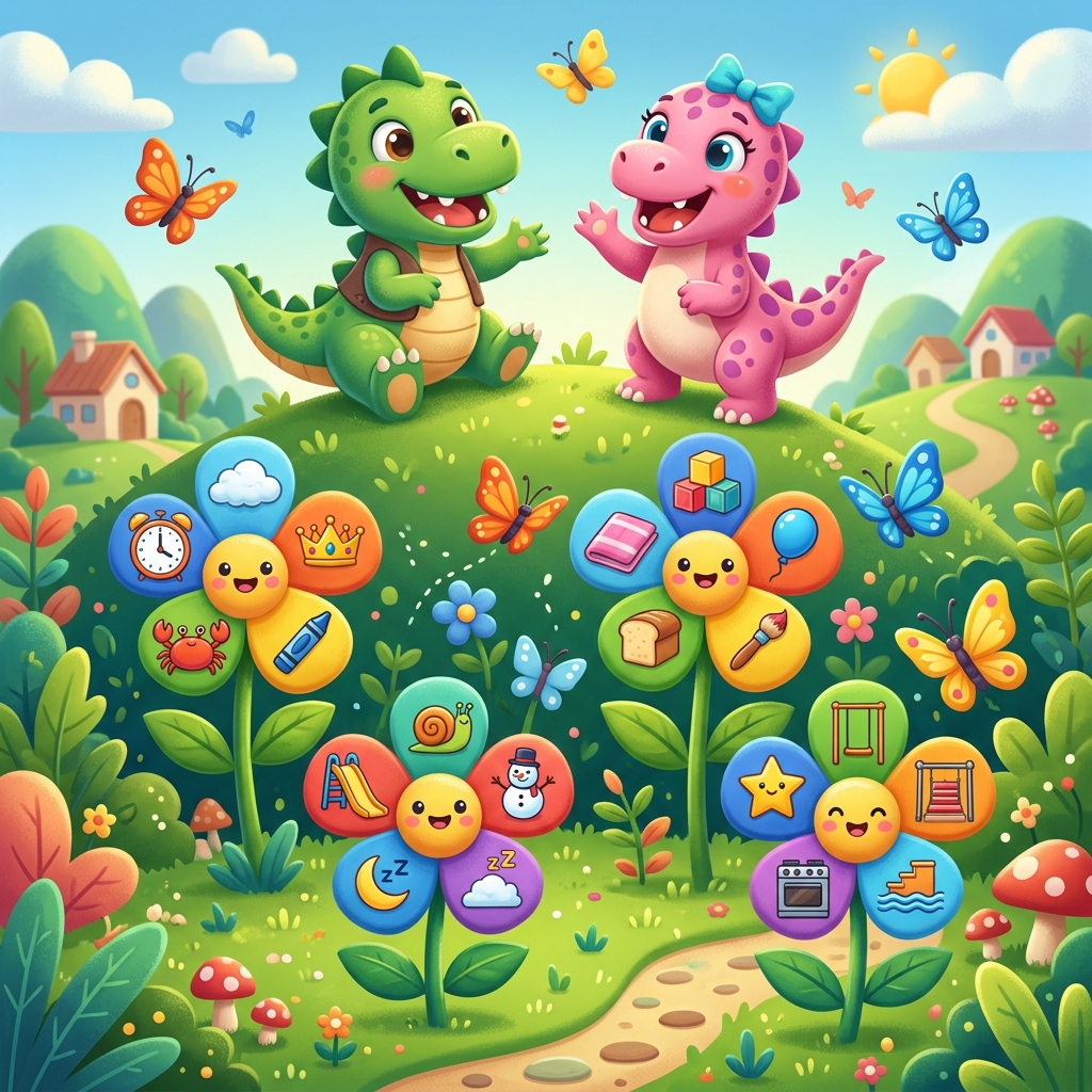 Consonant blends flower garden with dinosaur mascots and butterflies