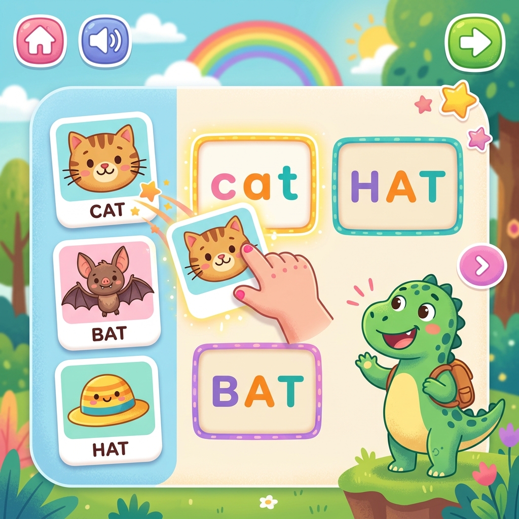 CVC word matching puzzle with cat, hat, bat picture cards and word cards