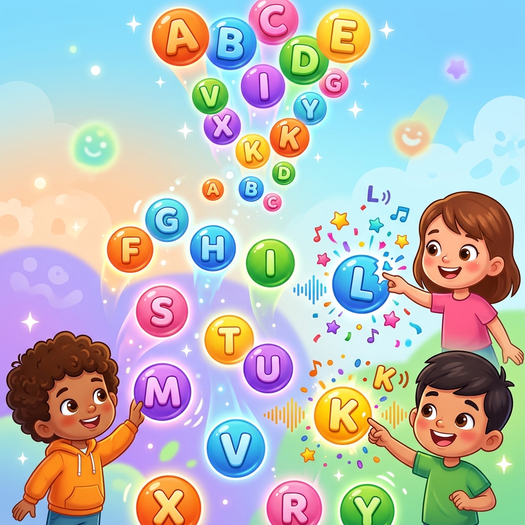 Letters and Sounds bubble pop game showing colorful letter bubbles with children interacting