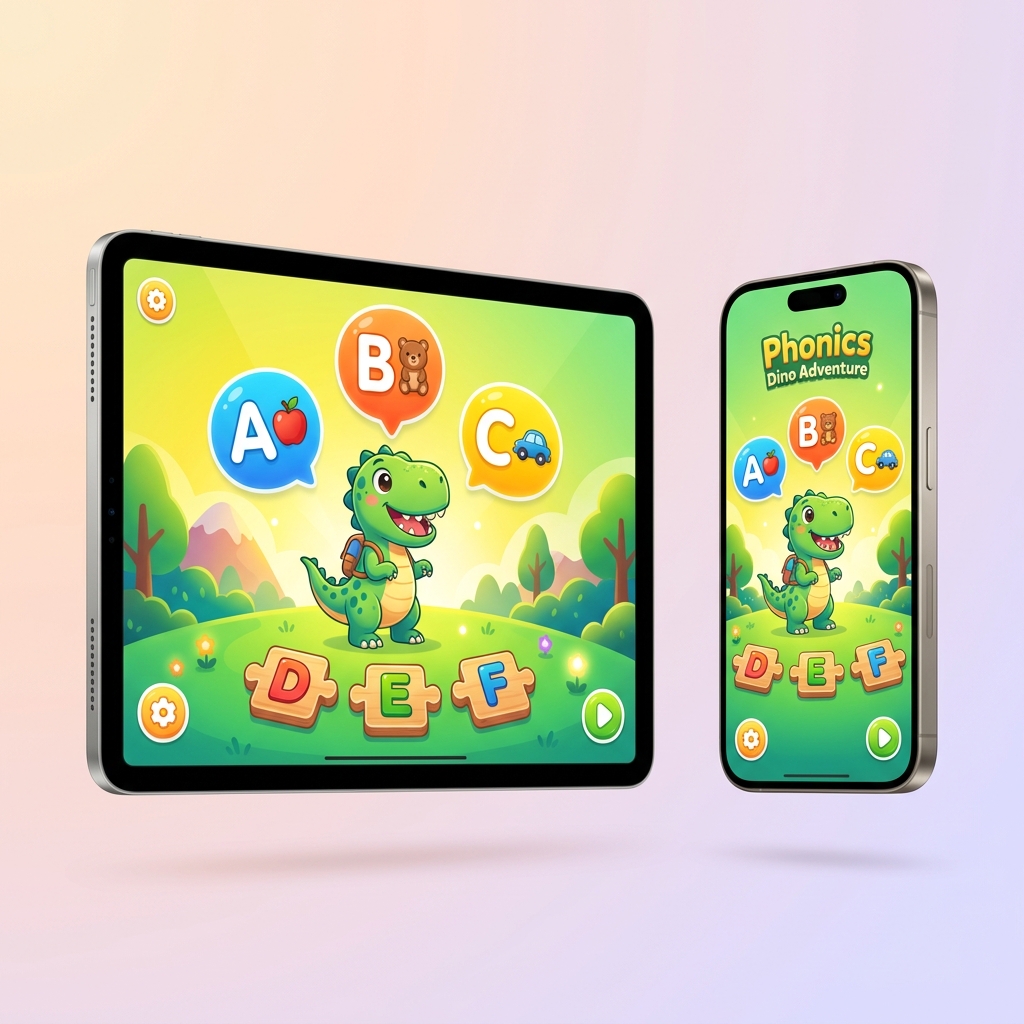 GoPhonics app running on iPad and iPhone showing colorful letter bubbles and dinosaur mascot