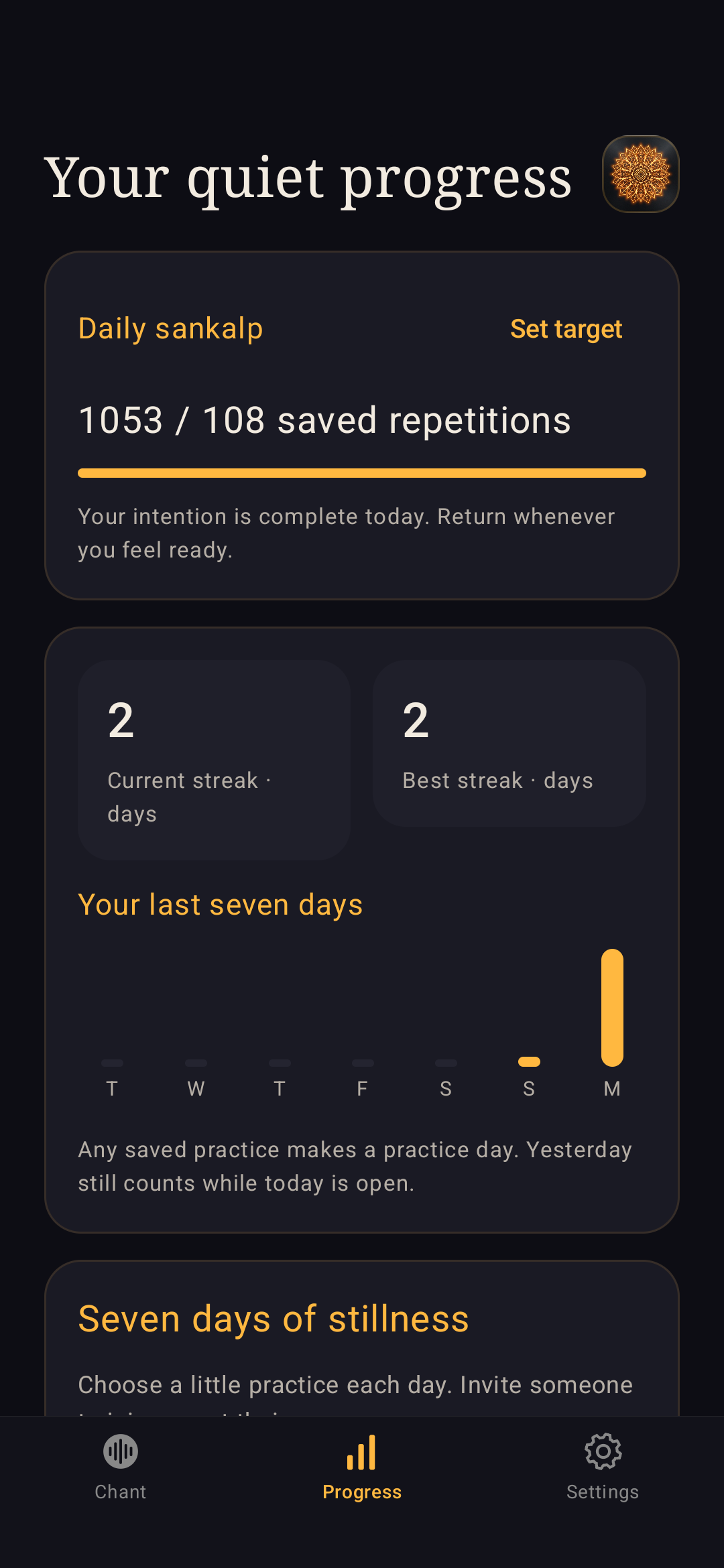 Android progress screen with daily practice statistics