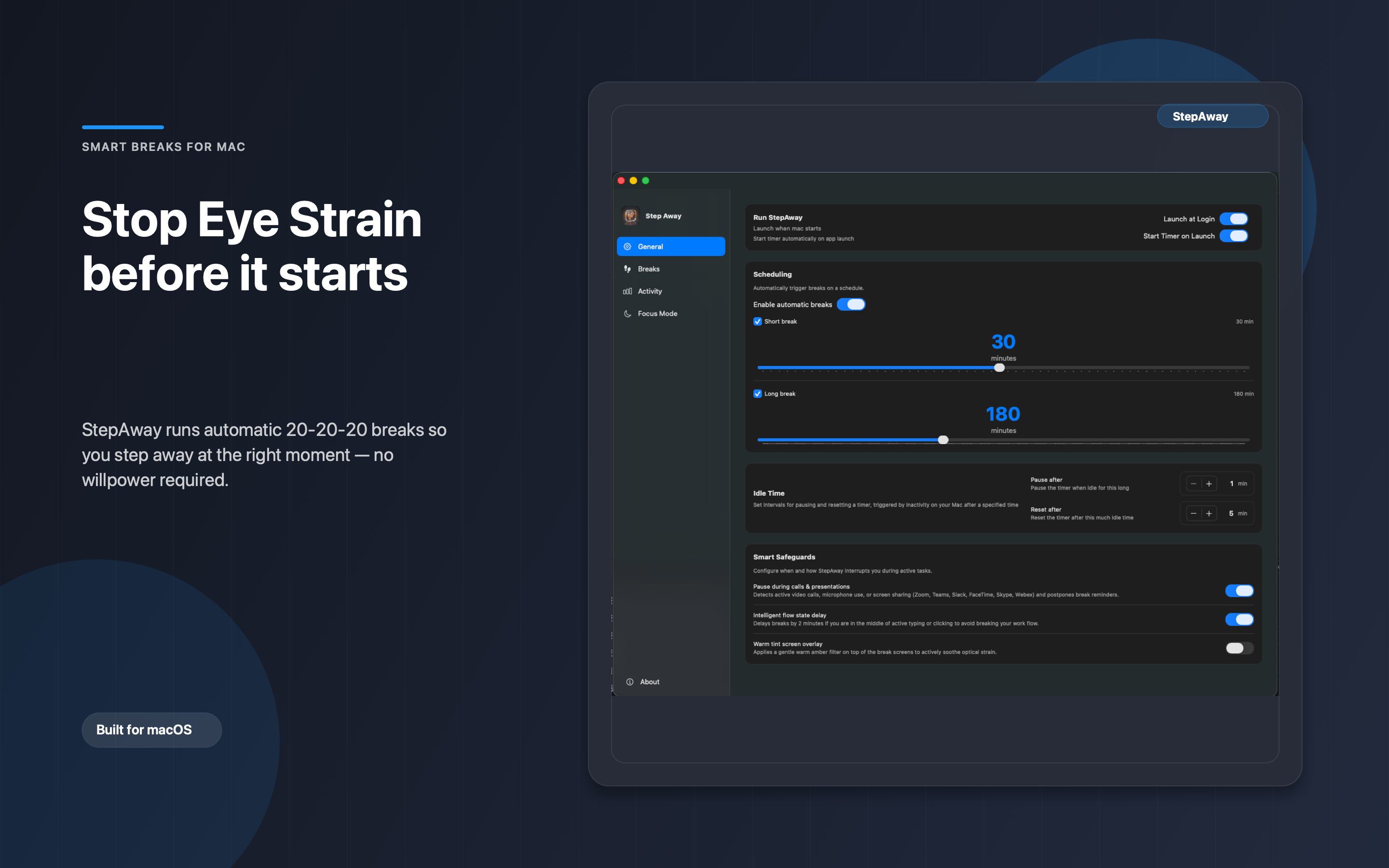 StepAway macOS Application General Settings