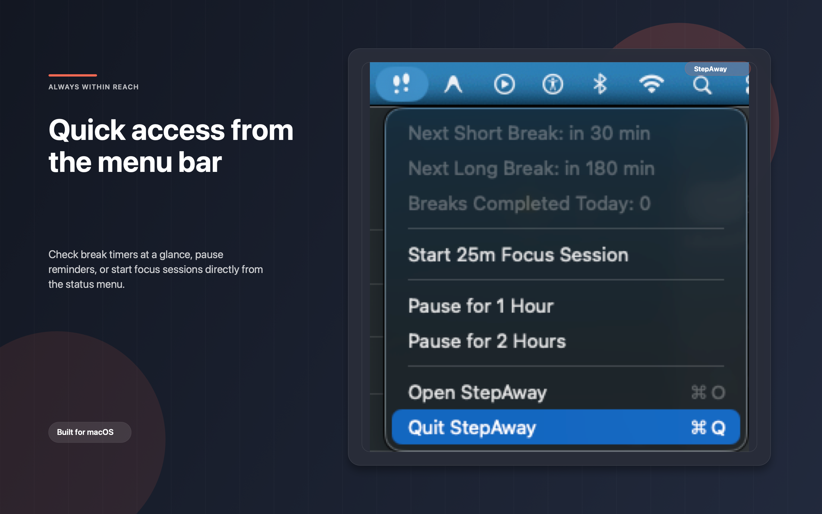 StepAway Menu Bar Dropdown