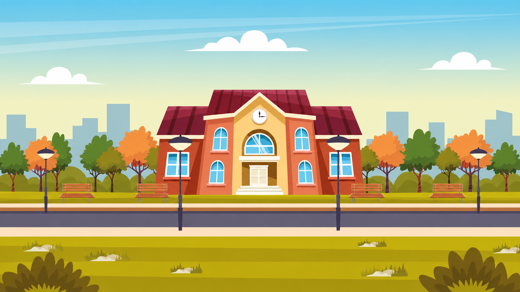Colorful school building from Traffic Rescue's School Zone background artwork